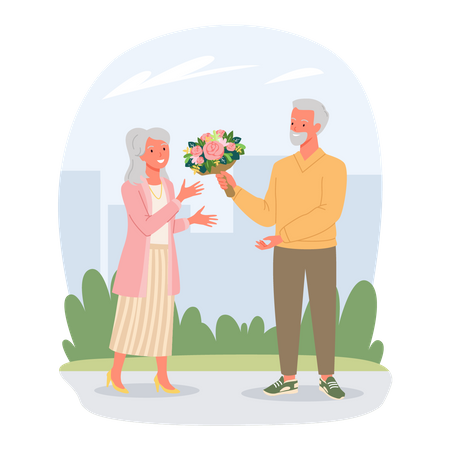 Aged couple celebrating valentine  Illustration