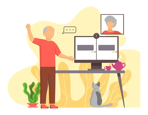 Old People Play Video Game Modern Senior People Gadgets Oldster Education Computer Old Progressive Use Modern Technology Learning To Use PC Elderly Couple Gadgets Aging Parents Video Conference Illustration