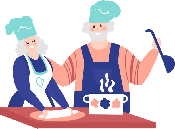 Aged couple cooking Illustration