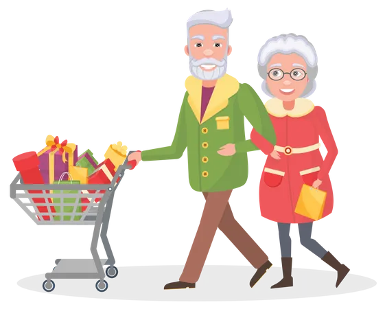 Aged couple doing christmas shopping Illustration