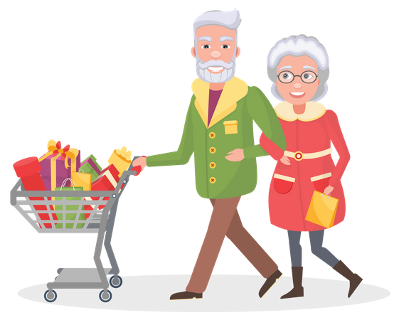 Aged couple doing christmas shopping  Illustration