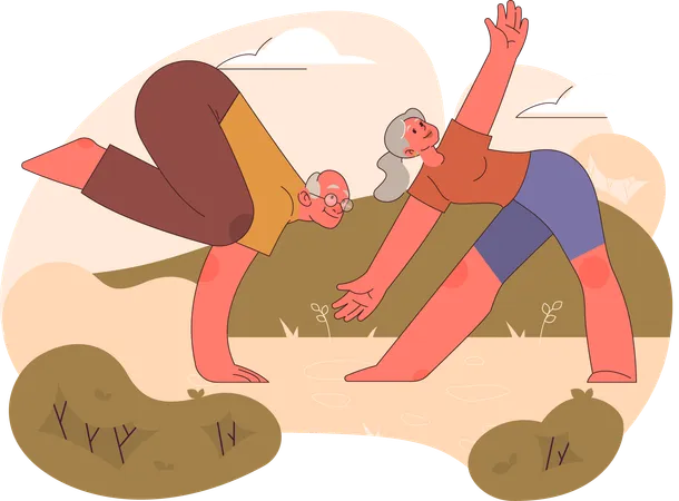 Aged couple doing exercise at park  Illustration