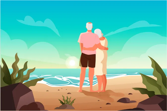 Happy Seniors Spending Time On A Tropical Beach Together Retired Couple On Their Summer Vacation Landing Page Or Web Banner Concept Vector Illustration In Cartoon Style Illustration