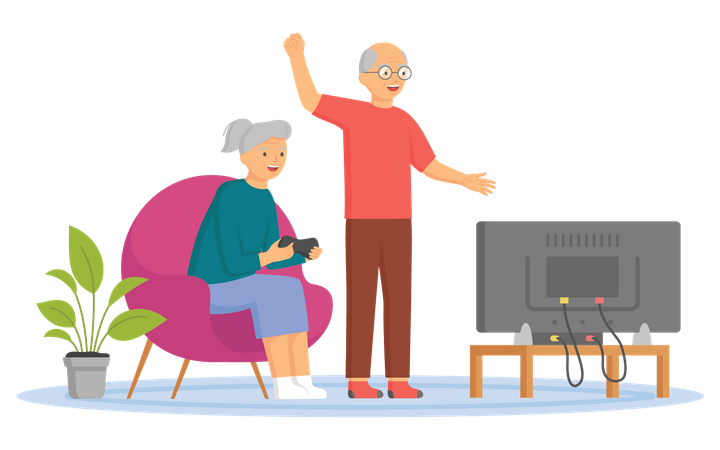 Aged couple playing video game Illustration