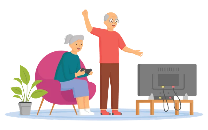 Aged couple playing video game  Illustration