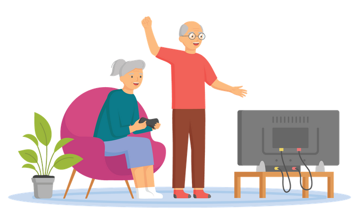 Aged couple playing video game  Illustration