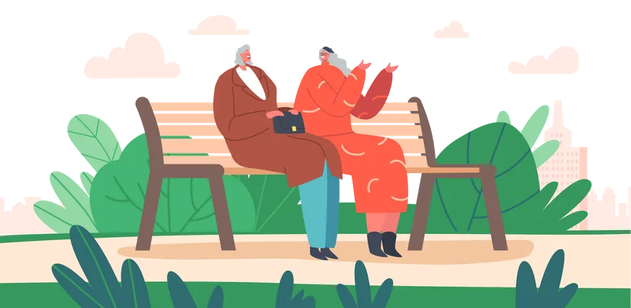 Couple Of Old Ladies Sitting On Bench In Park Or House Yard Senior Female Characters Communicate Chatting Grandmothers Share Gossips Friends Outdoor Sparetime Cartoon People Vector Illustration Illustration