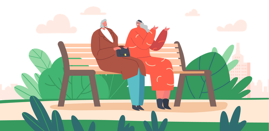 Aged couple sitting in park  Illustration