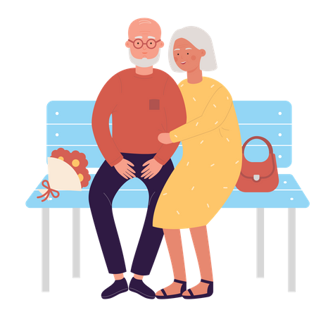Aged couple sitting on bench  Illustration