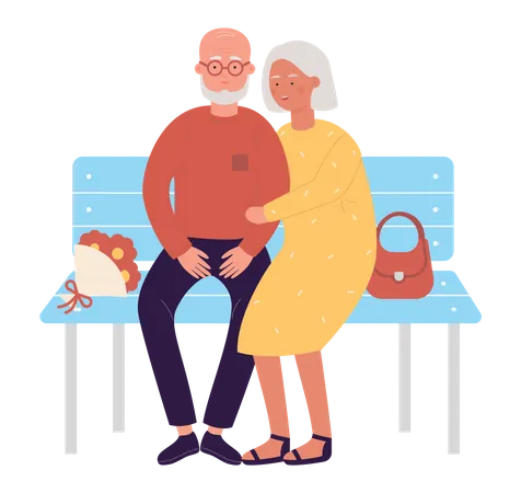 Aged couple sitting on bench  Illustration