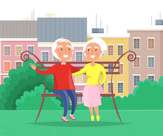 Aged couple sitting on bench  Illustration