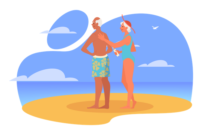 Aged Couple standing together on beach Illustration