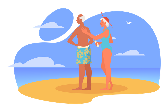 Aged Couple standing together on beach  Illustration