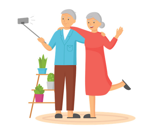 Aged couple taking selfie Illustration