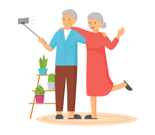Aged couple taking selfie  Illustration