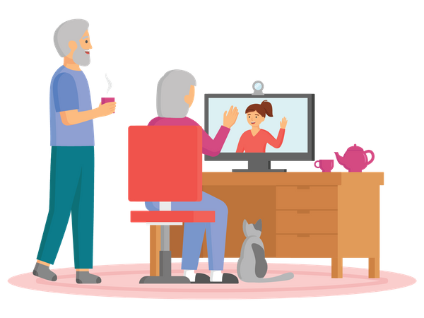 Aged couple talking on video call  Illustration