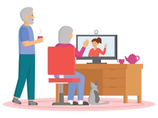 Aged couple talking on video call  Illustration