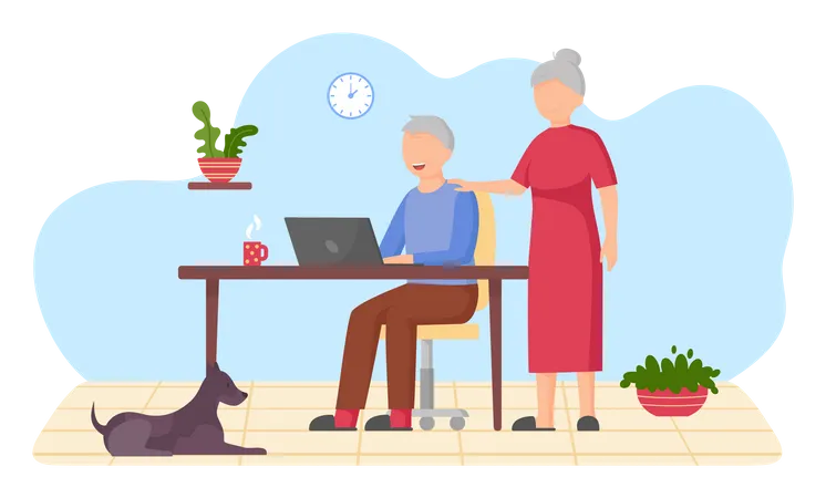 Aged couple using laptop Illustration