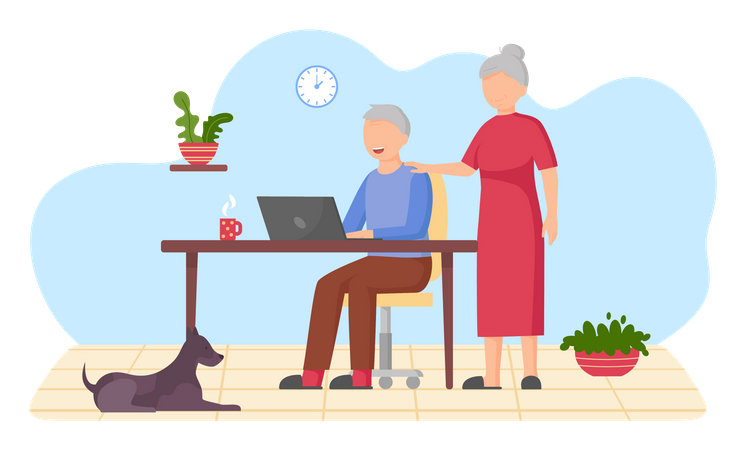 Aged couple using laptop  Illustration