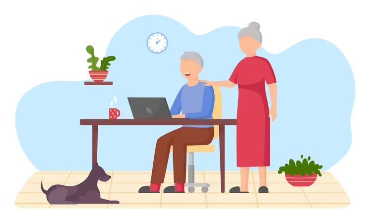 Aged couple using laptop  Illustration