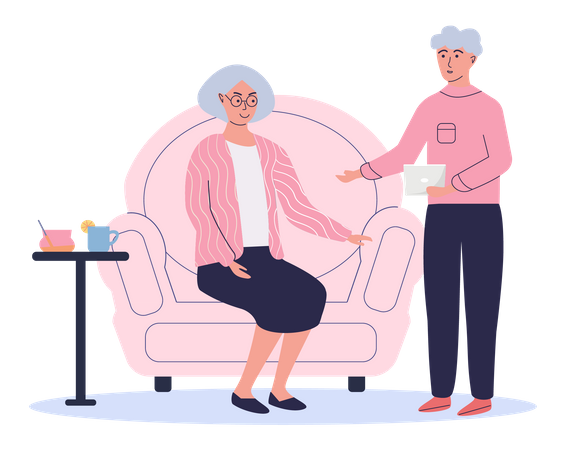 Aged couple using smart device Illustration