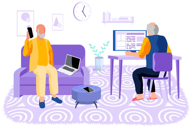 Studying Computer By Elderly People Concept Technology Spread Oldster Education Active Social Life Online Communication Senior Couple With Tablet Learning To Use PC And Smartphone Together Illustration
