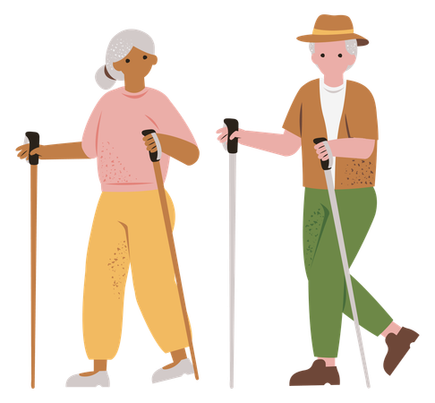 Aged couple walking with stick  Illustration