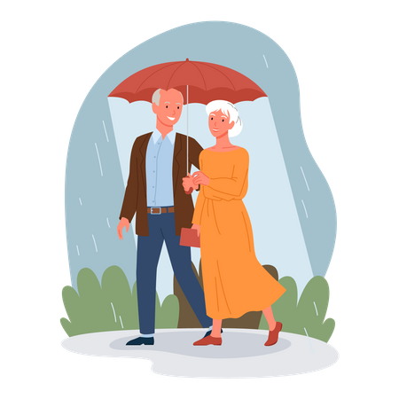 Aged couple walking with umbrella  Illustration