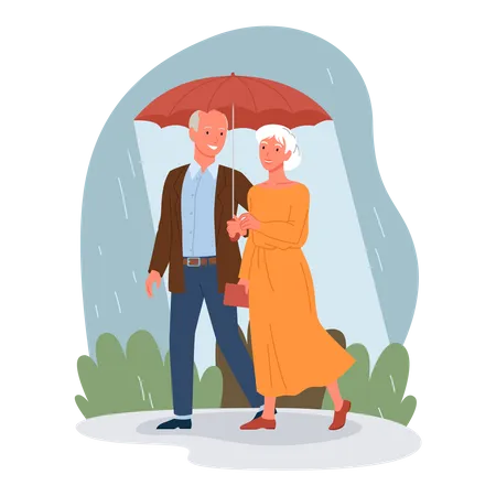 Aged couple walking with umbrella  Illustration