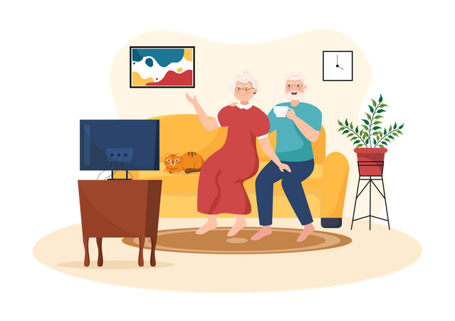 Aged couple watching tv  Illustration