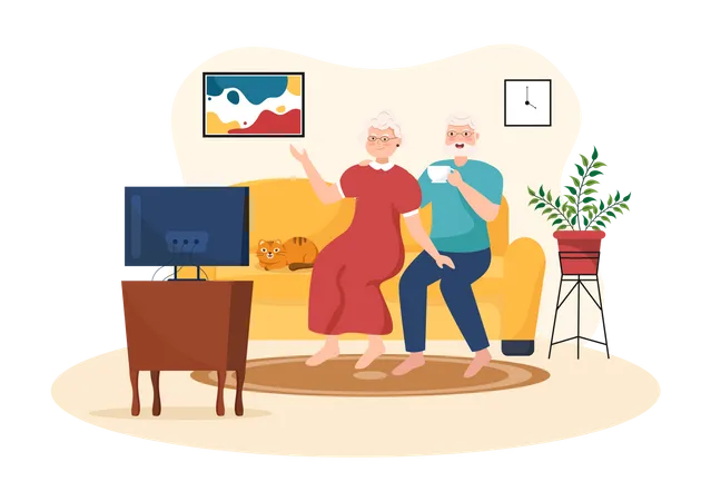 Aged couple watching tv  Illustration