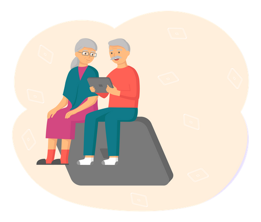 Aged couple watching video on tablet Illustration