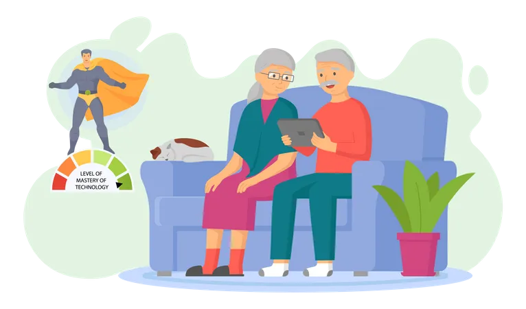 Aged couple watching video on tablet  Illustration