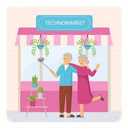 Aged grandparents clicking selfie at market Illustration