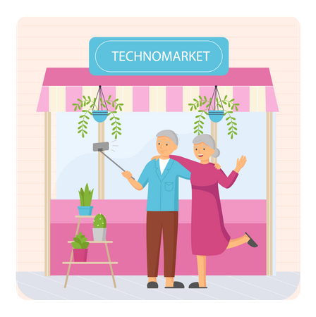 Aged grandparents clicking selfie at market  Illustration