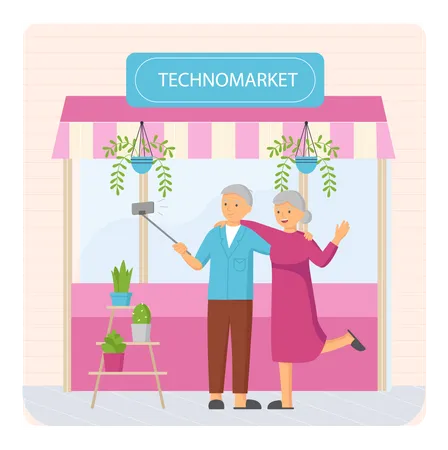 Aged grandparents clicking selfie at market  Illustration