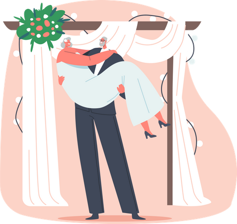 Aged groom holding bride in hands Illustration