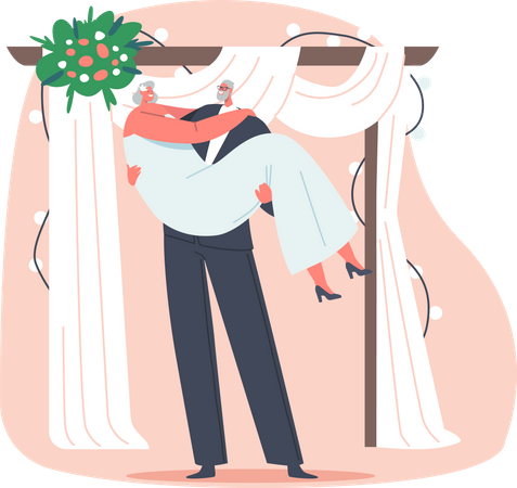 Aged groom holding bride in hands  Illustration