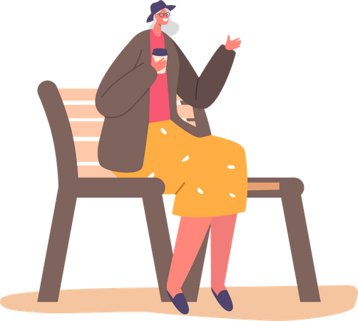 Aged lady drinking coffee while sitting on bench Illustration