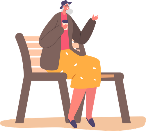 Aged lady drinking coffee while sitting on bench  Illustration