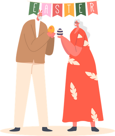 Aged Man and Woman Wear Rabbit Ears Stand under Festive Garland Cracking Eggs  Illustration