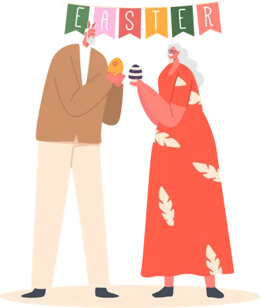 Senior Couple Characters Celebrate Easter Aged Man And Woman Wear Rabbit Ears Stand Under Festive Garland Cracking Colorful Painted Eggs During Holiday Celebration Cartoon People Vector Illustration Illustration