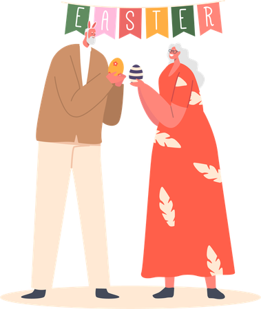 Aged Man and Woman Wear Rabbit Ears Stand under Festive Garland Cracking Eggs  Illustration