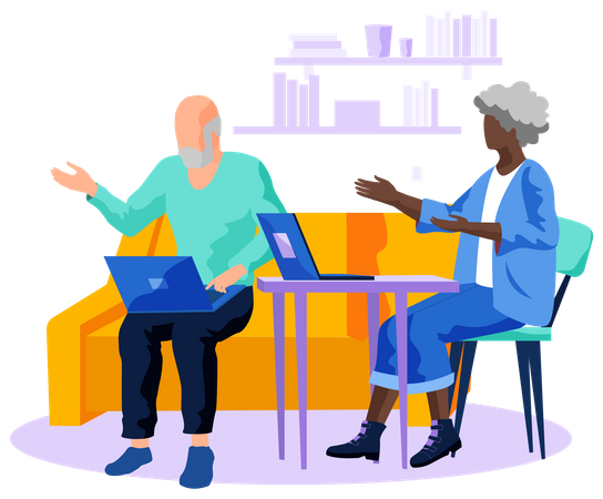 Aged man and woman working on laptop  Illustration