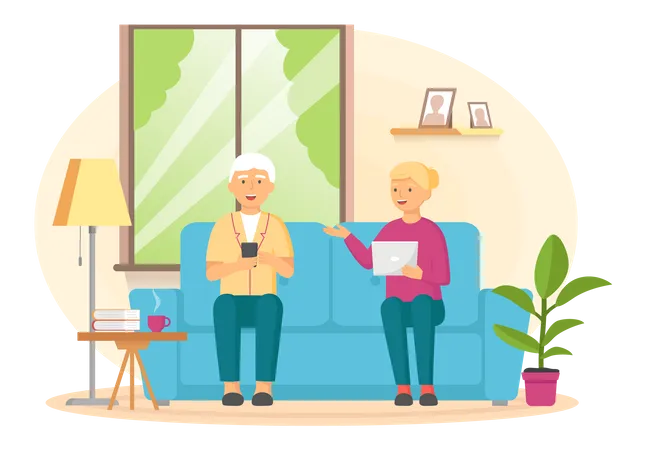 Elderly Man And Woman Surfing Internet Together At Home Seniors Adult People Are Using Technologies Happy Old Couple Watching Video On Laptop Grandparents Sitting With Smartphone In Living Room Illustration