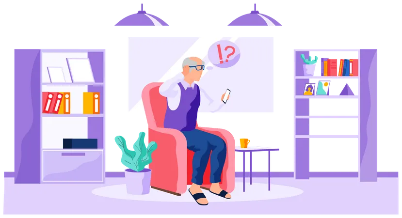 Old Person Tries To Use Smartphone Elder Learns New Technologies And Communicate Through Phone Character Spends Time With Gadgets Man Resting In Armchair And Surfing Internet On Telephone Illustration