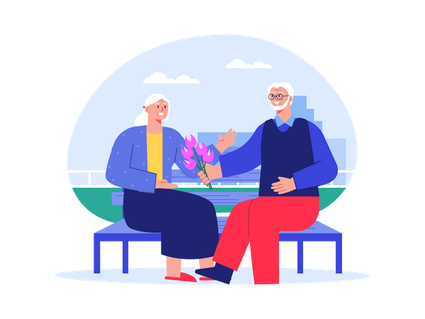 Aged man giving flower to aged woman  Illustration