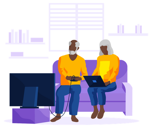 Aged man playing video game and woman working on laptop  Illustration