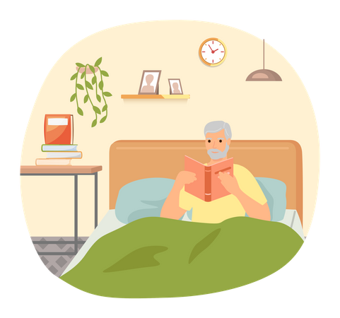 Aged man reading book in bed Illustration