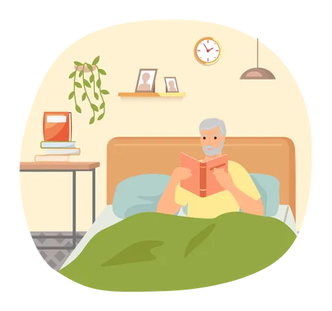 Aged man reading book in bed Illustration